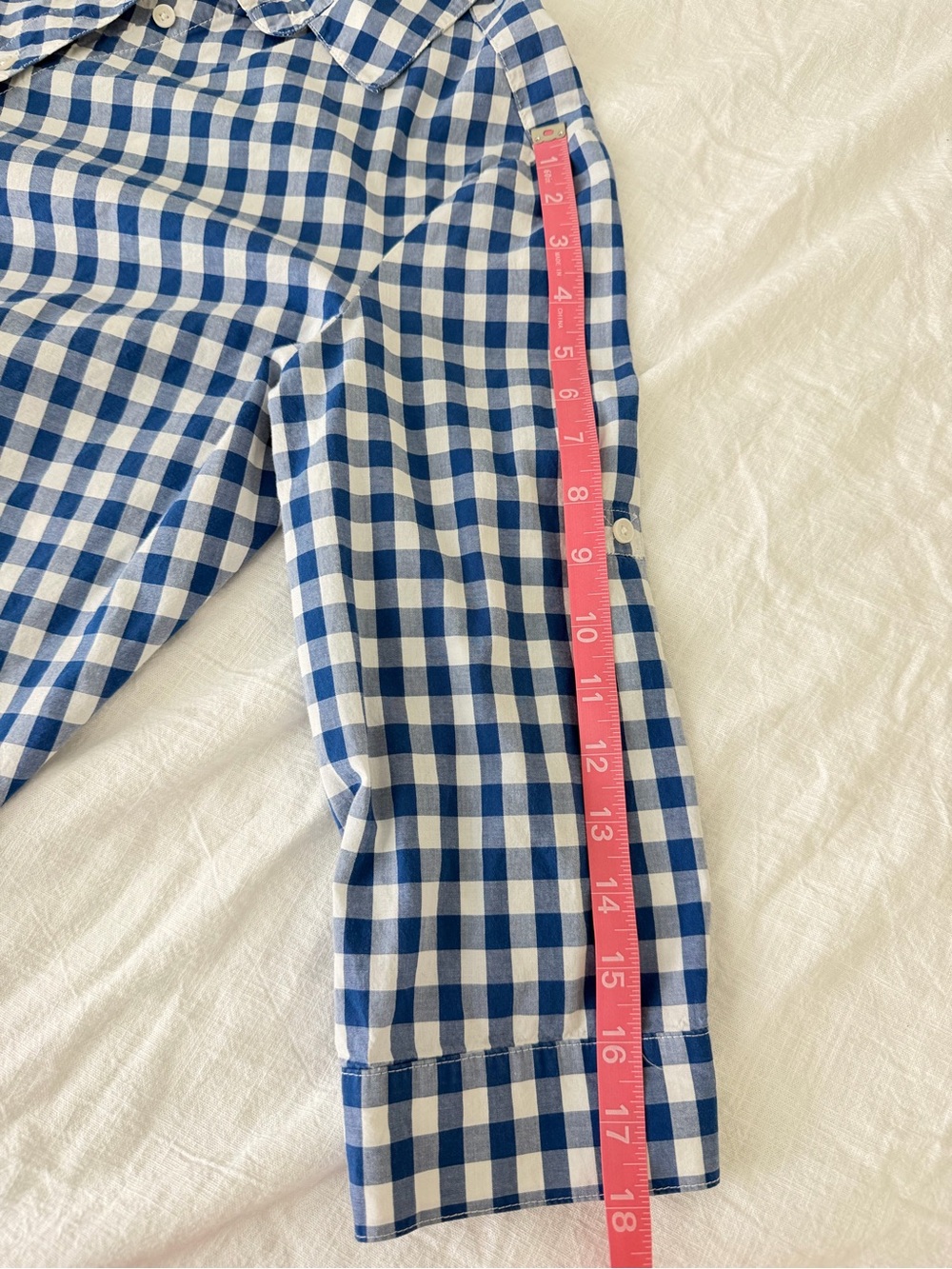 Anne Klein Blue Gingham Shirt Coastal Preppy Hamptons Chic Roll Tab Euro Summer - Picture 13 of 15
